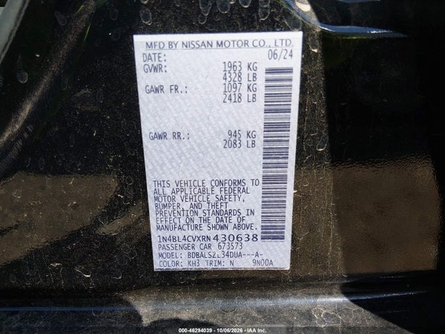 2024 Nissan Altima Sr Fwd მანქანა იყიდება აუქციონზე, vin: 1N4BL4CVXRN430638, აუქციონის ნომერი: 46294039