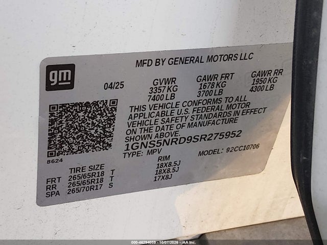 2025 Chevrolet Tahoe 2wd Lt მანქანა იყიდება აუქციონზე, vin: 1GNS5NRD9SR275952, აუქციონის ნომერი: 46294059