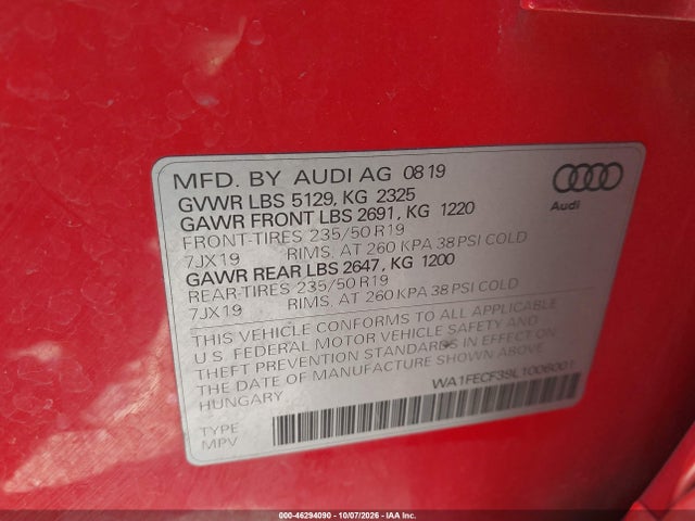 46294090 :رقم المزاد ، WA1FECF39L1006001 vin ، 2020 Audi Q3 Prestige 45 Tfsi S Line Quattro Tiptronic مزاد بيع