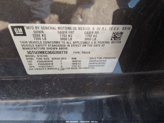 Продаж на аукціоні авто 2016 Gmc Sierra 1500 Sle, vin: 3GTU2MEC0GG268770, номер лоту: 46294095