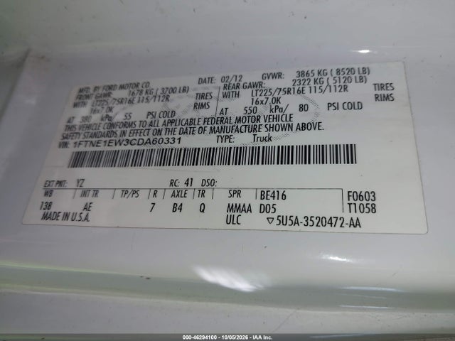 Продажа на аукционе авто 2012 Ford E-150 Commercial, vin: 1FTNE1EW3CDA60331, номер лота: 46294100