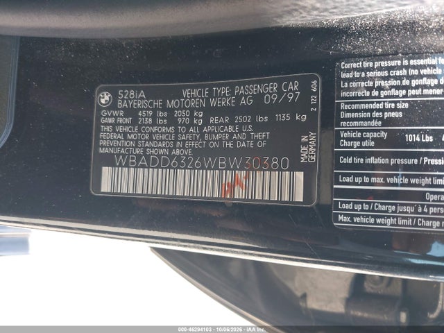 Продаж на аукціоні авто 1998 Bmw 528i, vin: WBADD6326WBW30380, номер лоту: 46294103