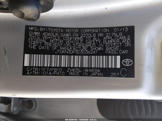 2013 Toyota Prius Plug-in მანქანა იყიდება აუქციონზე, vin: JTDKN3DP3D3036241, აუქციონის ნომერი: 46294108