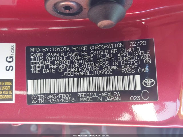 46294138 :رقم المزاد ، JTDEPRAE8LJ105500 vin ، 2020 Toyota Corolla Le مزاد بيع