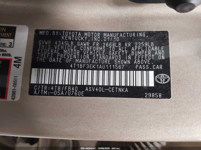 2010 Toyota Camry მანქანა იყიდება აუქციონზე, vin: 4T1BF3EK1AU111567, აუქციონის ნომერი: 46294141