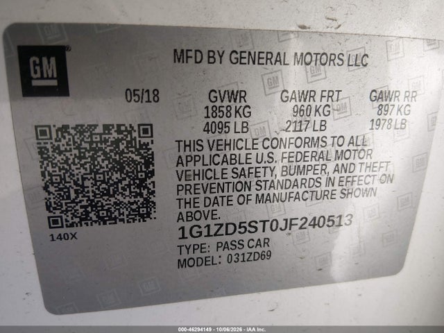 Aukcja sprzedaży 2018 Chevrolet Malibu Lt, vin: 1G1ZD5ST0JF240513, numer aukcji: 46294149