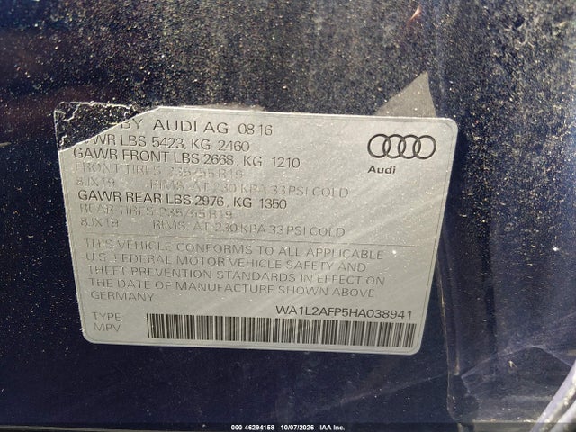 46294158 :رقم المزاد ، WA1L2AFP5HA038941 vin ، 2017 Audi Q5 2.0t Premium مزاد بيع