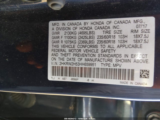 Продажа на аукционе авто 2017 Honda Cr-v Ex, vin: 2HKRW2H53HH659951, номер лота: 46294212