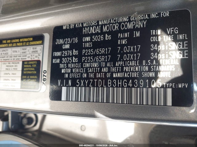 Продажа на аукционе авто 2017 Hyundai Santa Fe Sport 2.4l, vin: 5XYZTDLB3HG439105, номер лота: 46294221