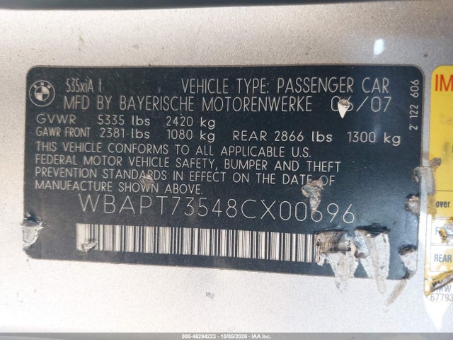 Продажа на аукционе авто 2008 Bmw 535xi, vin: WBAPT73548CX00696, номер лота: 46294223