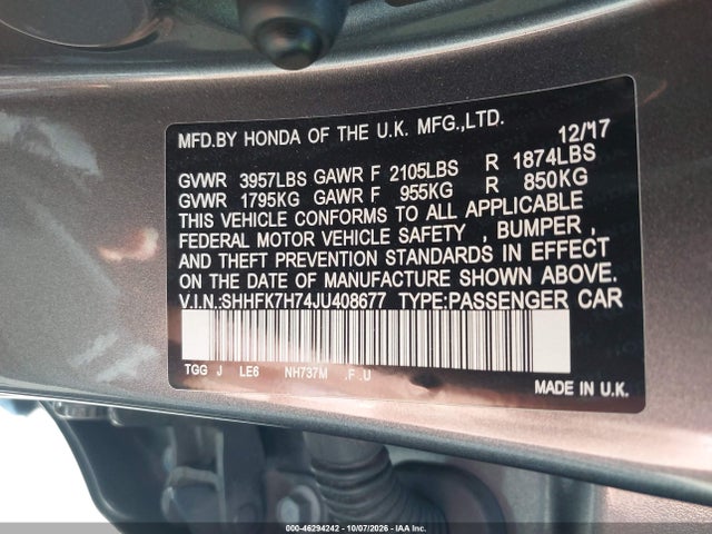 SHHFK7H74JU408677 Honda Civic Ex-l