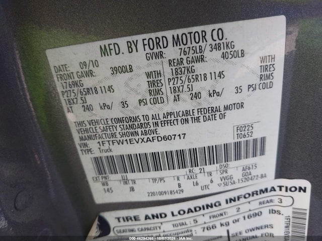 46294265 :رقم المزاد ، 1FTFW1EVXAFD60717 vin ، 2010 Ford F-150 Fx4/harley-davidson/king Ranch/lariat/platinum/xl/xlt مزاد بيع