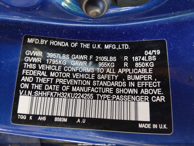 46294308 :رقم المزاد ، SHHFK7H32KU224255 vin ، 2019 Honda Civic Lx مزاد بيع