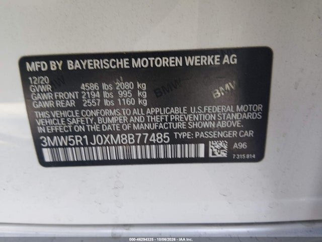 Aukcja sprzedaży 2021 Bmw 330i, vin: 3MW5R1J0XM8B77485, numer aukcji: 46294325