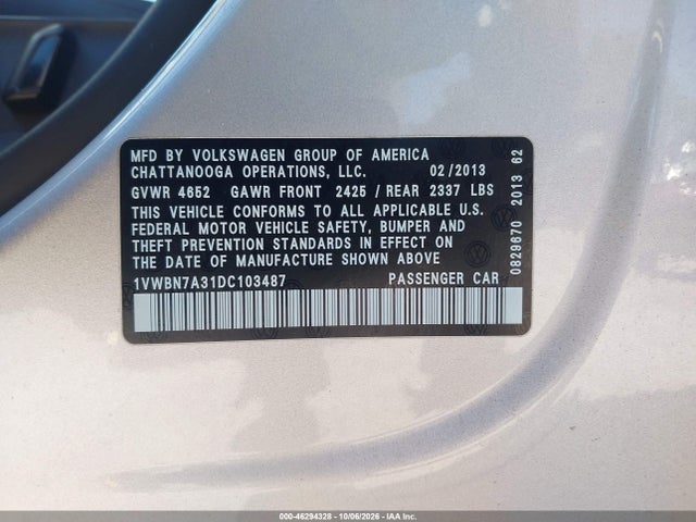 46294328 :رقم المزاد ، 1VWBN7A31DC103487 vin ، 2013 Volkswagen Passat 2.0l Tdi Se مزاد بيع