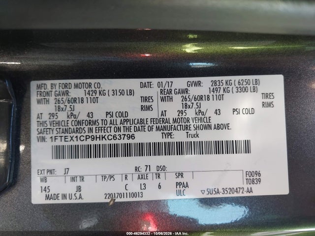 2017 Ford F-150 Xlt მანქანა იყიდება აუქციონზე, vin: 1FTEX1CP9HKC63796, აუქციონის ნომერი: 46294332