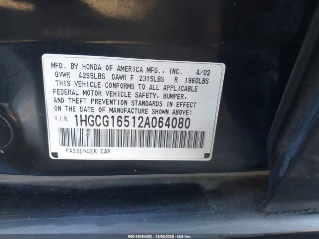 46294392 :رقم المزاد ، 1HGCG16512A064080 vin ، 2002 Honda Accord 3.0 Ex مزاد بيع