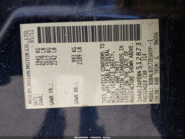 Aukcja sprzedaży 2011 Nissan Altima 2.5 S, vin: 1N4AL2AP0BN512873, numer aukcji: 46294404