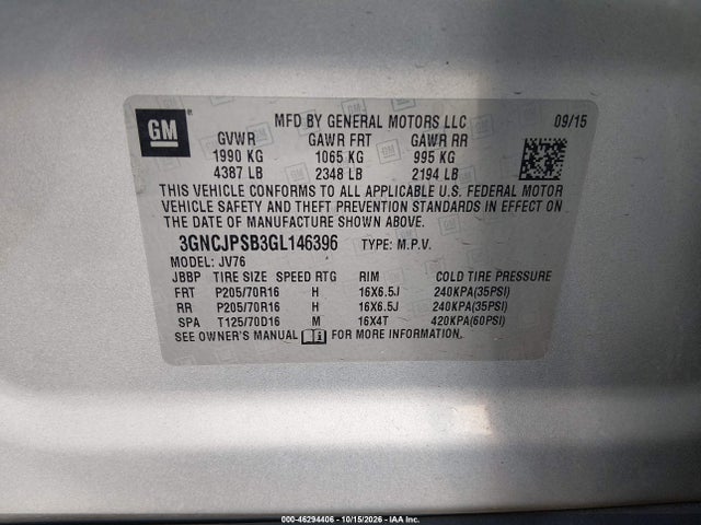 46294406 :رقم المزاد ، 3GNCJPSB3GL146396 vin ، 2016 Chevrolet Trax Lt مزاد بيع