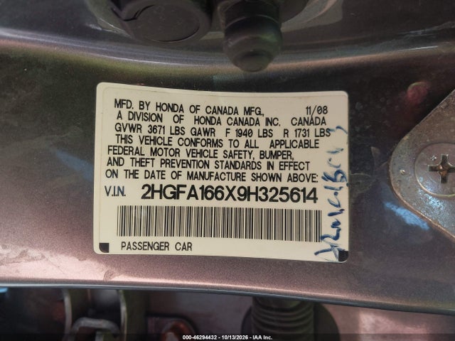 2009 Honda Civic Lx-s მანქანა იყიდება აუქციონზე, vin: 2HGFA166X9H325614, აუქციონის ნომერი: 46294432
