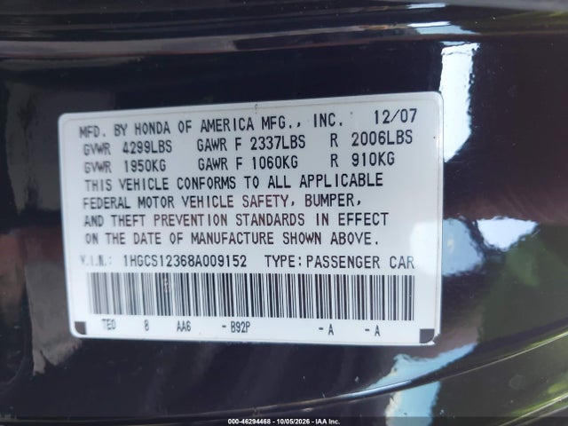 Aukcja sprzedaży 2008 Honda Accord 2.4 Lx-s, vin: 1HGCS12368A009152, numer aukcji: 46294468