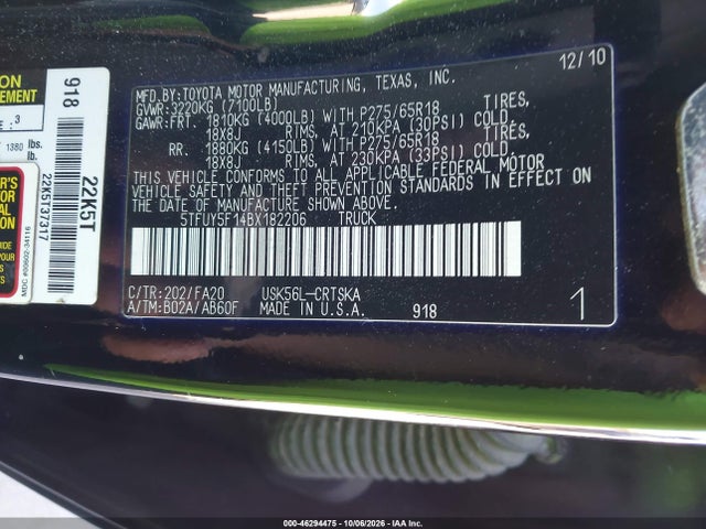46294475 :رقم المزاد ، 5TFUY5F14BX182206 vin ، 2011 Toyota Tundra Grade 5.7l V8 مزاد بيع