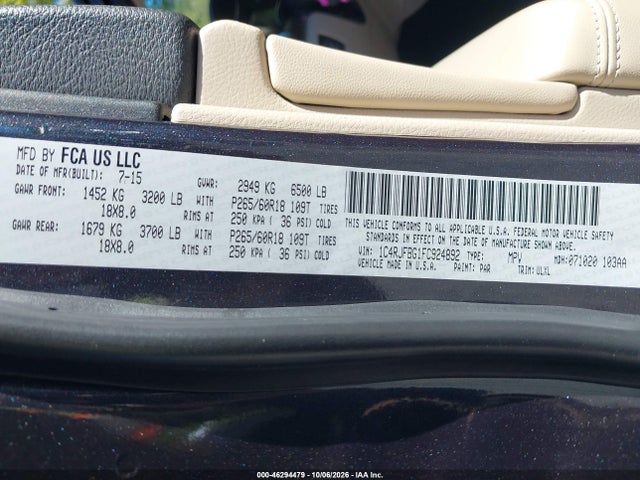 2015 Jeep Grand Cherokee Limited მანქანა იყიდება აუქციონზე, vin: 1C4RJFBG1FC924892, აუქციონის ნომერი: 46294479
