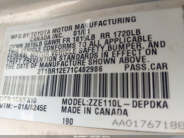 46294511 :رقم المزاد ، 2T1BR12E71C482986 vin ، 2001 Toyota Corolla Le مزاد بيع