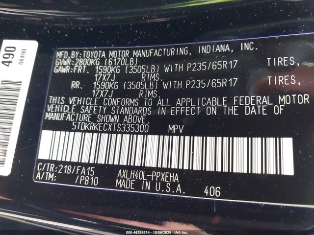 Aukcja sprzedaży 2026 Toyota Sienna Le, vin: 5TDKRKECXTS335300, numer aukcji: 46294514