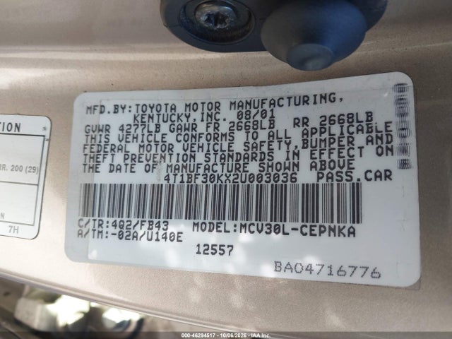 Aukcja sprzedaży 2002 Toyota Camry Le V6, vin: 4T1BF30KX2U003036, numer aukcji: 46294517