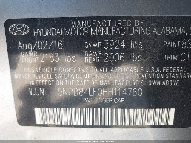 Aukcja sprzedaży 2017 Hyundai Elantra Limited, vin: 5NPD84LF0HH114760, numer aukcji: 46294540