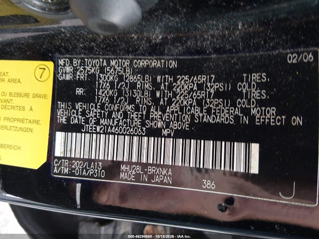Продаж на аукціоні авто 2006 Toyota Highlander Hybrid Limited V6, vin: JTEEW21A460026063, номер лоту: 46294560