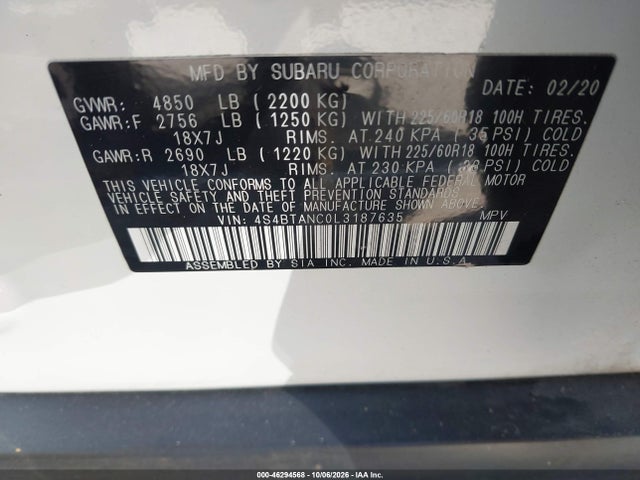Продаж на аукціоні авто 2020 Subaru Outback Limited, vin: 4S4BTANC0L3187635, номер лоту: 46294568