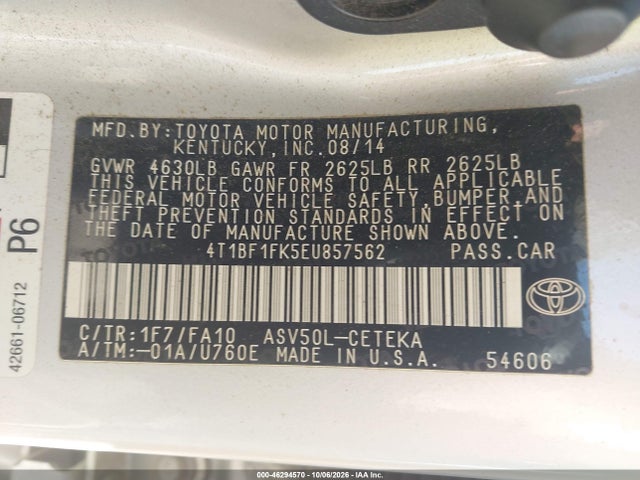 46294570 :رقم المزاد ، 4T1BF1FK5EU857562 vin ، 2014 Toyota Camry L مزاد بيع