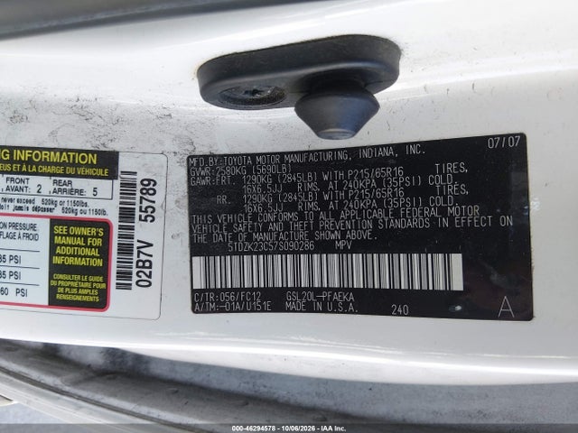 2007 Toyota Sienna Le მანქანა იყიდება აუქციონზე, vin: 5TDZK23C57S090286, აუქციონის ნომერი: 46294578