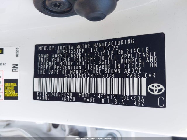 5YFS4MCE2NP116938 Toyota COROLLA SE