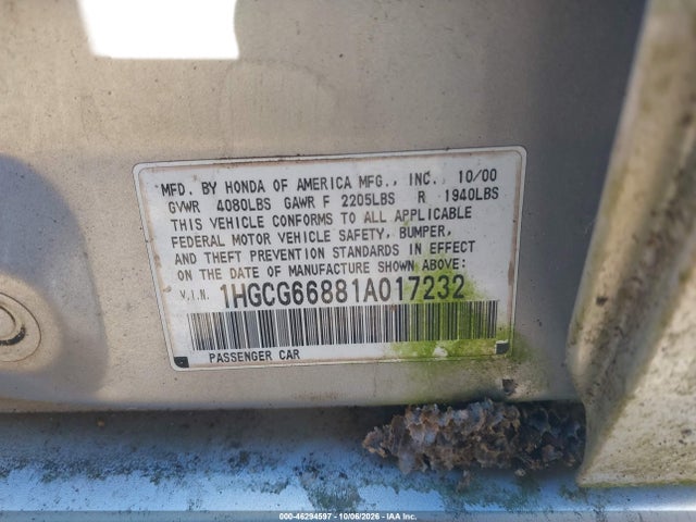 2001 Honda Accord 2.3 Ex მანქანა იყიდება აუქციონზე, vin: 1HGCG66881A017232, აუქციონის ნომერი: 46294597