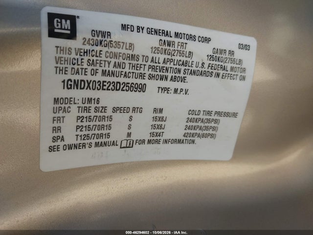 Продажа на аукционе авто 2003 Chevrolet Venture Ls, vin: 1GNDX03E23D256990, номер лота: 46294602