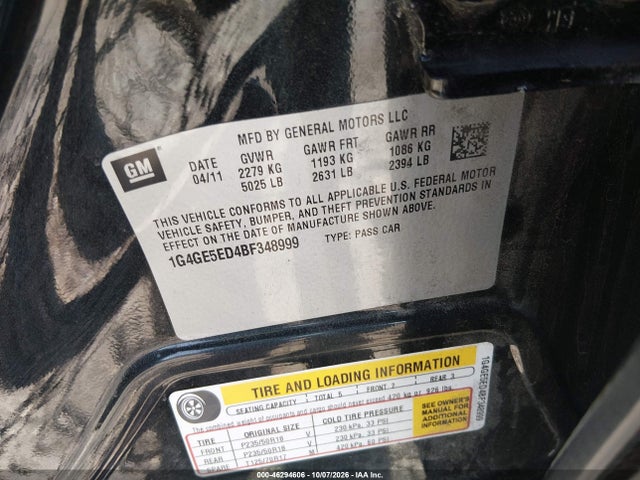 Продаж на аукціоні авто 2011 Buick Lacrosse Cxs, vin: 1G4GE5ED4BF348999, номер лоту: 46294606