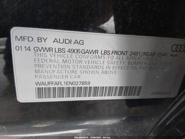2014 Audi A4 2.0t Premium მანქანა იყიდება აუქციონზე, vin: WAUFFAFL1EN027859, აუქციონის ნომერი: 46294610