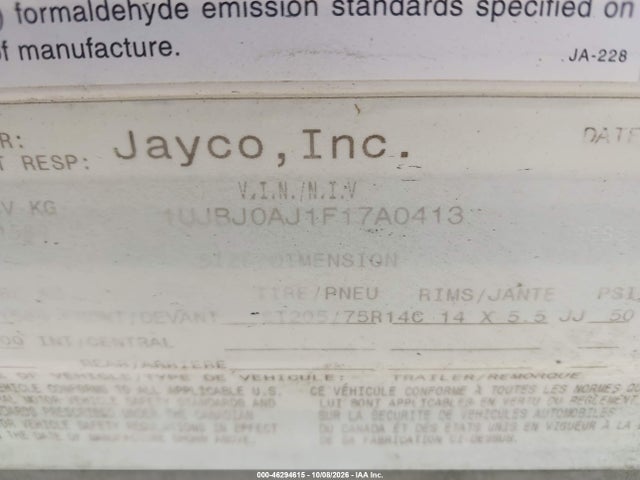 2015 Jayco Other მანქანა იყიდება აუქციონზე, vin: 1UJBJ0AJ1F17A0413, აუქციონის ნომერი: 46294615