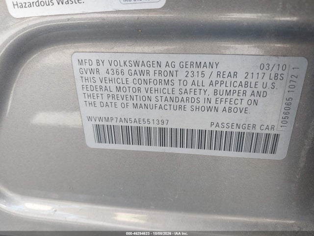 46294623 :رقم المزاد ، WVWMP7AN5AE551397 vin ، 2010 Volkswagen Cc Sport مزاد بيع