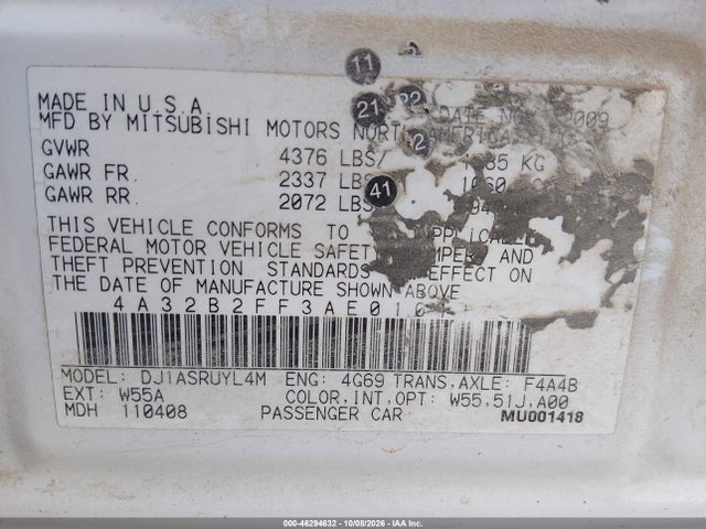 Продажа на аукционе авто 2010 Mitsubishi Galant Fe, vin: 4A32B2FF3AE010114, номер лота: 46294632