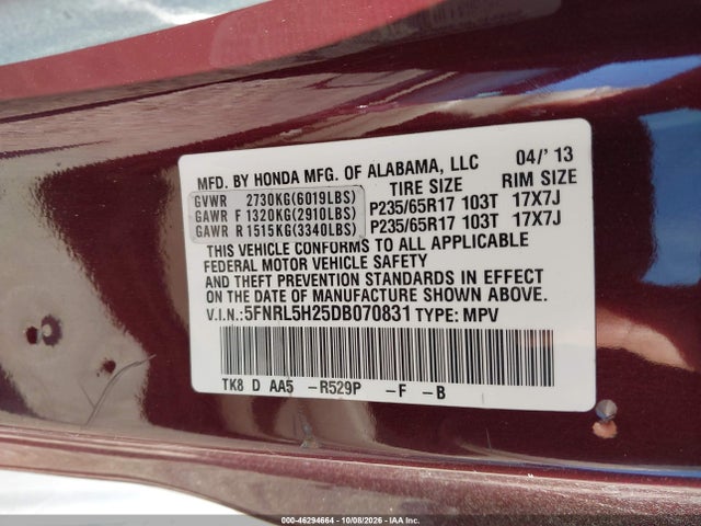 Продажа на аукционе авто 2013 Honda Odyssey Lx, vin: 5FNRL5H25DB070831, номер лота: 46294664