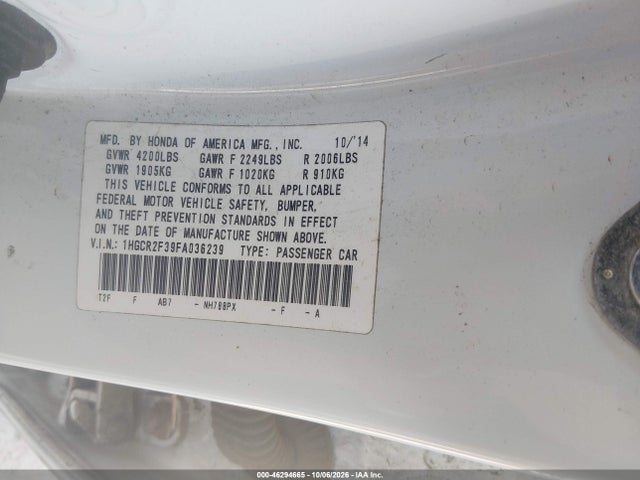 Продаж на аукціоні авто 2015 Honda Accord Lx, vin: 1HGCR2F39FA036239, номер лоту: 46294665