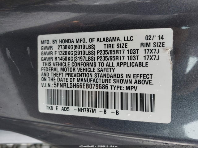 Honda Odyssey Ex-l 2014 5FNRL5H66EB079686 Image 9