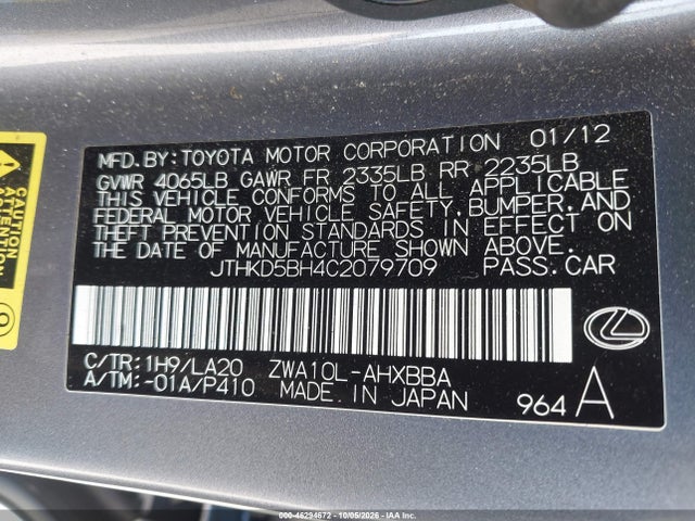 Продаж на аукціоні авто 2012 Lexus Ct 200h Premium, vin: JTHKD5BH4C2079709, номер лоту: 46294672