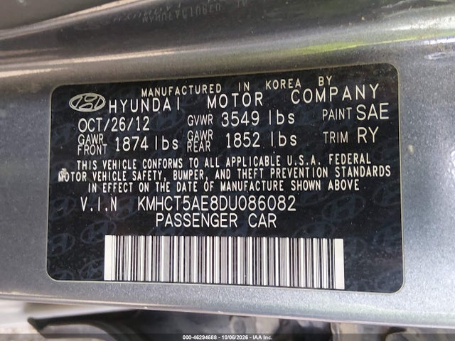 2013 Hyundai Accent Gs მანქანა იყიდება აუქციონზე, vin: KMHCT5AE8DU086082, აუქციონის ნომერი: 46294688