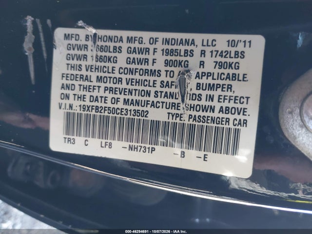 46294691 :رقم المزاد ، 19XFB2F50CE313502 vin ، 2012 Honda Civic Lx مزاد بيع
