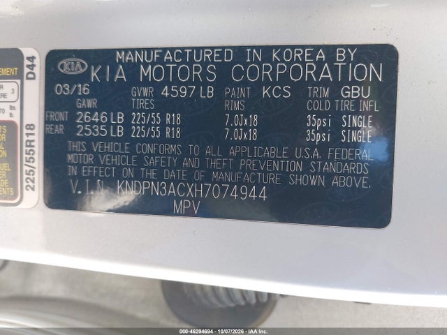 Продажа на аукционе авто 2017 Kia Sportage Ex, vin: KNDPN3ACXH7074944, номер лота: 46294694